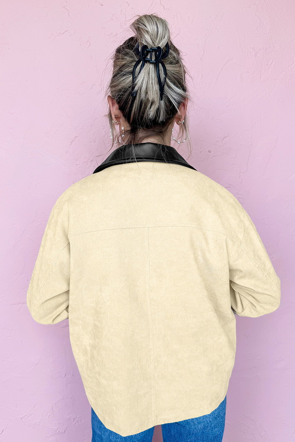 Contrast Leather Collar Textured Zip Up Jacket