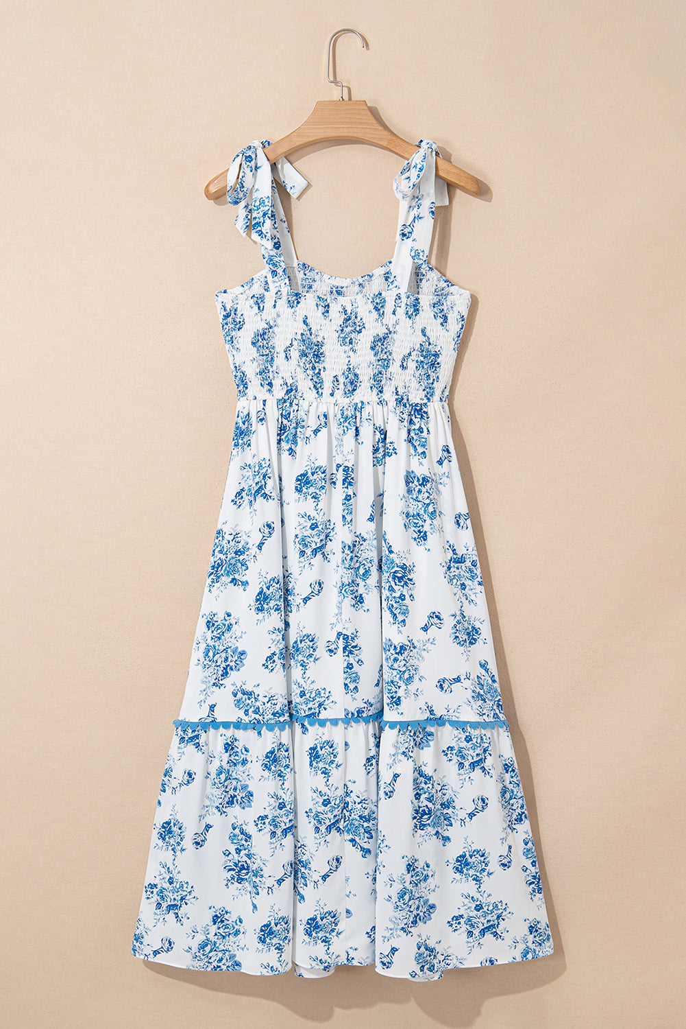 Floral Print Shirred Knot Shoulder Sleeveless Long Dress