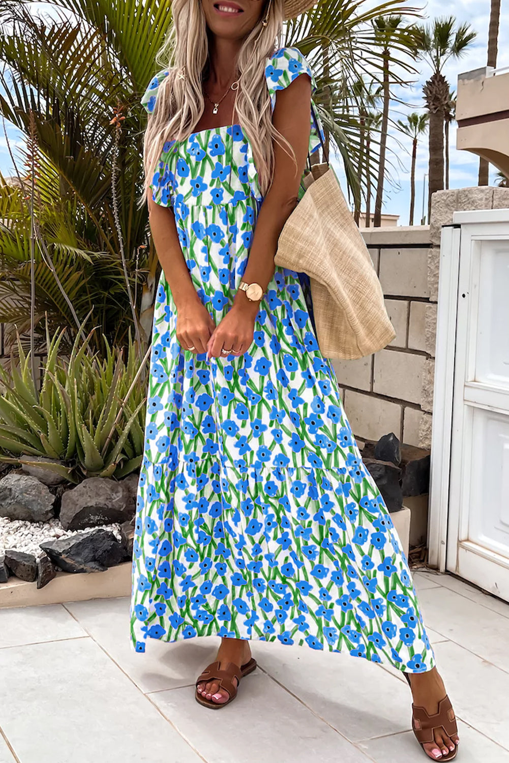 Floral Print Square Neck Ruffled Strap Maxi Dress
