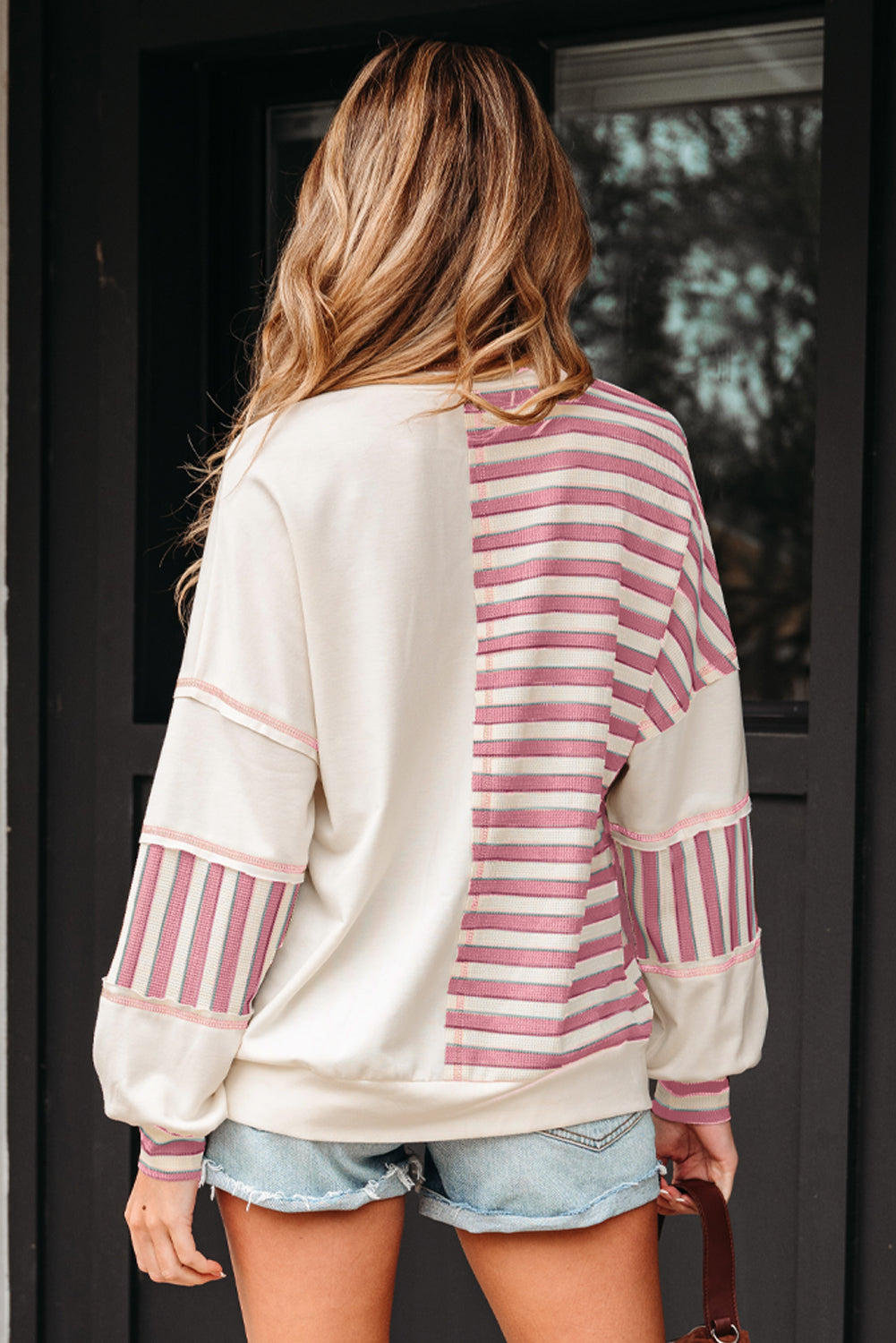 Stripe Stitched Detail Color Block Patchwork Oversized Pullover Top