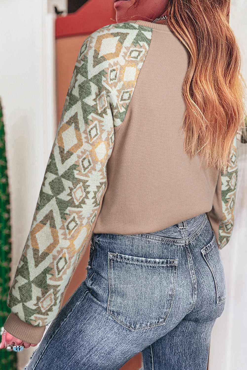 Waffle Aztec Patchwork Raglan Sleeve Knit Top