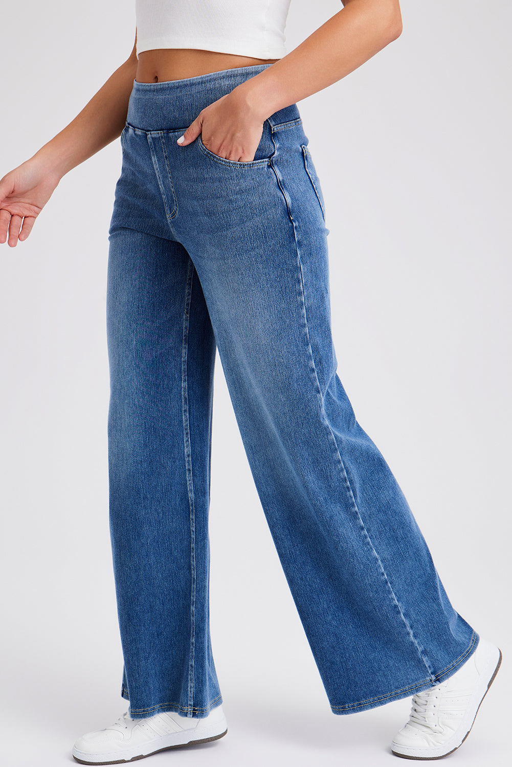 Elastic Waistband Pull On Wide Leg Jeans