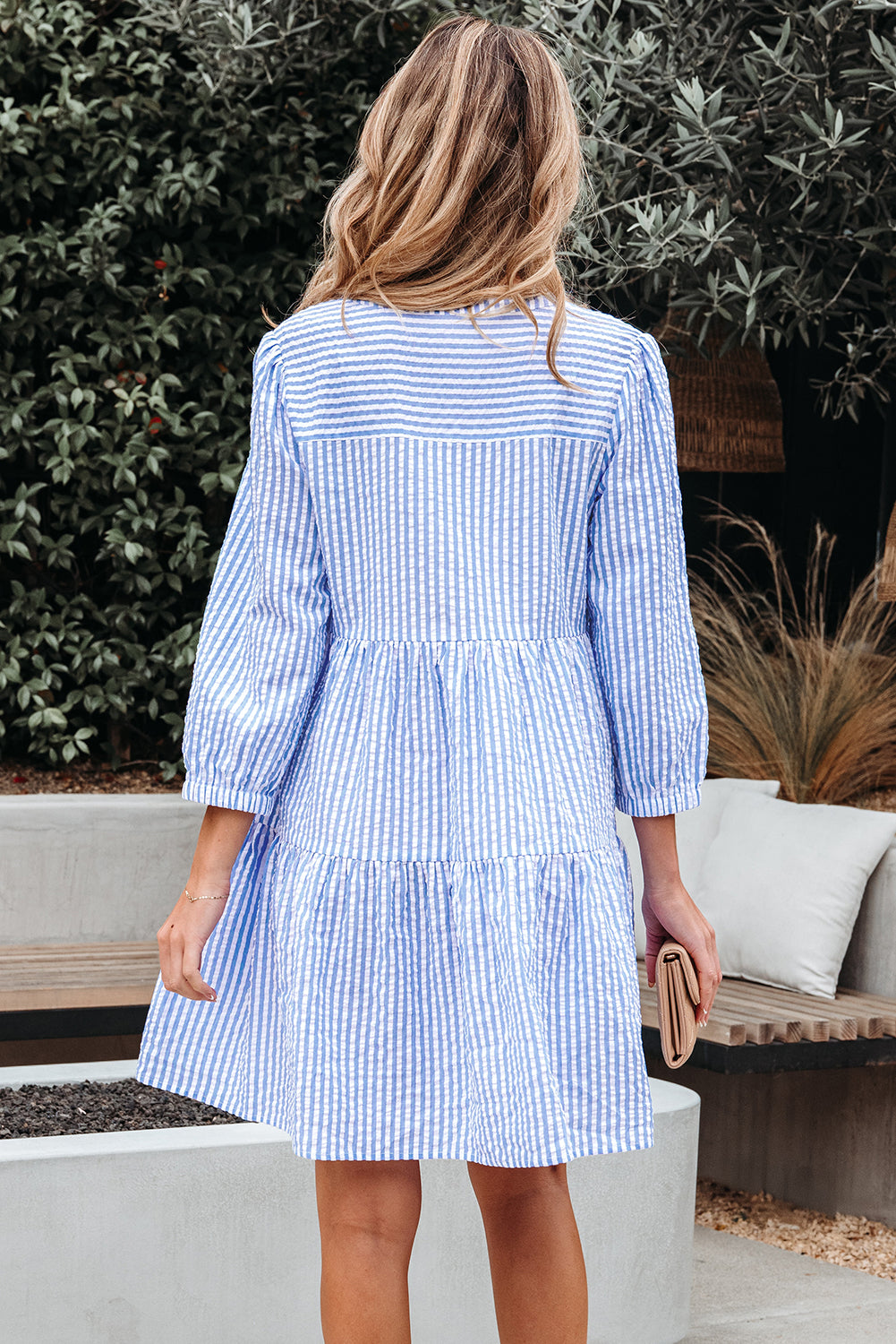 Stripe Bracelet Sleeve Tiered Shift Dress with Pockets