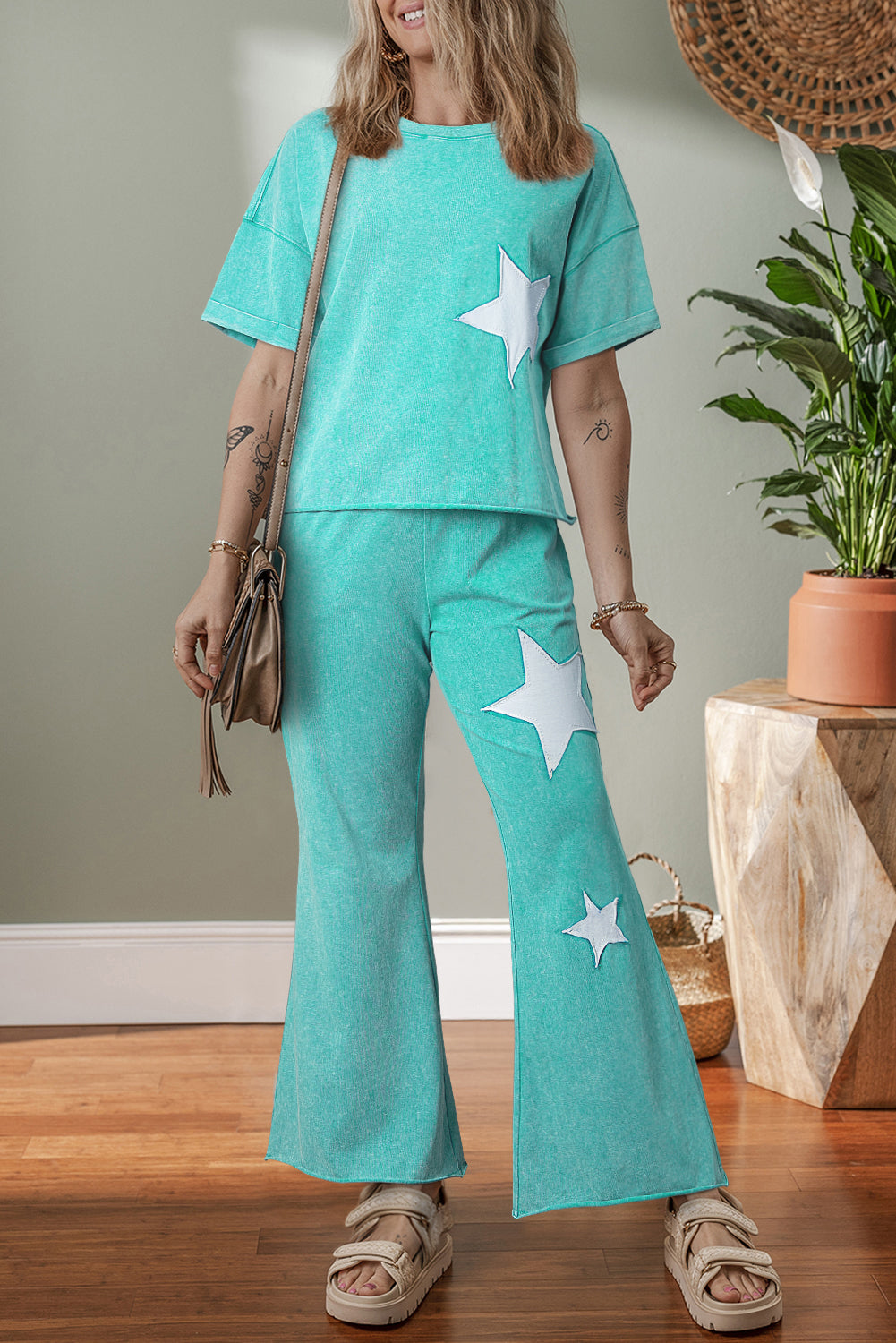 Floral Patch Exposed Seam Raw Edge Pants Set