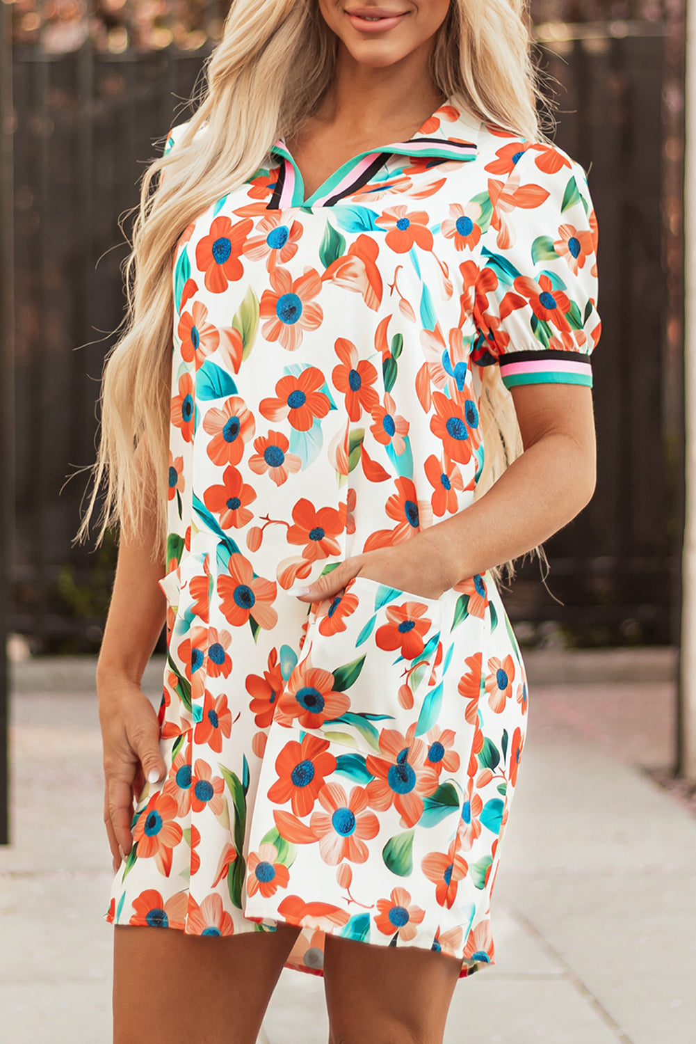Contrast Trim Floral Split Neck Puff Short Sleeve Tiered Mini Dress