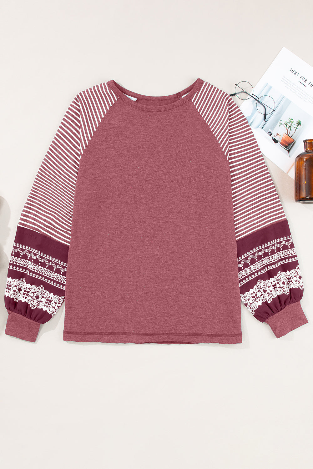 Contrast Print Striped Raglan Long Sleeve Loose Top