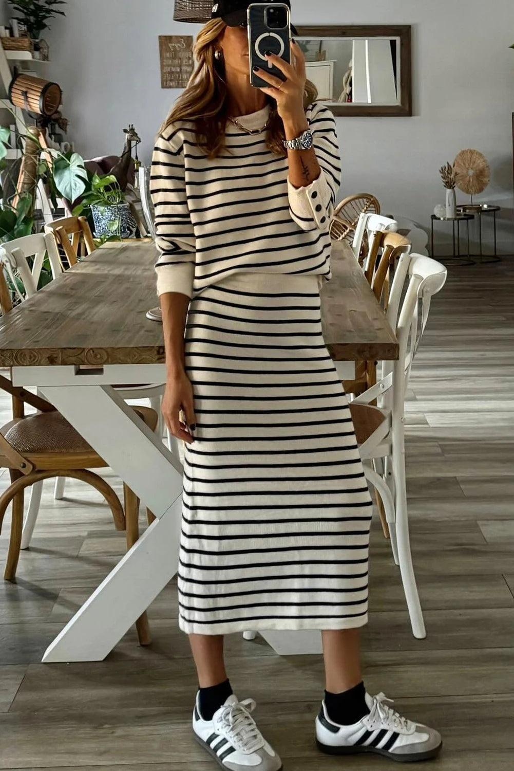Long Sleeve Top Midi Skirt 2pcs Outfit
