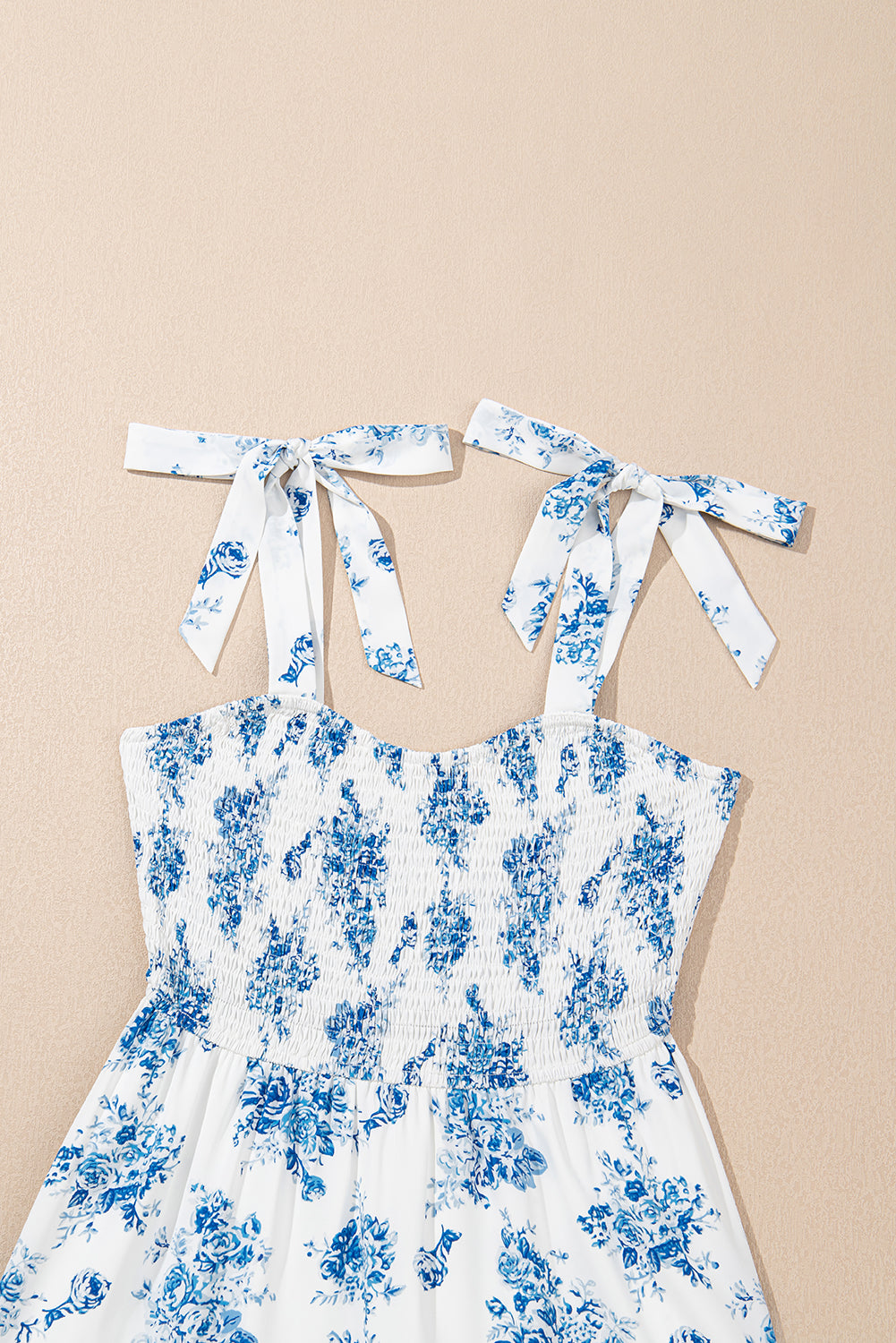 Floral Print Shirred Knot Shoulder Sleeveless Long Dress