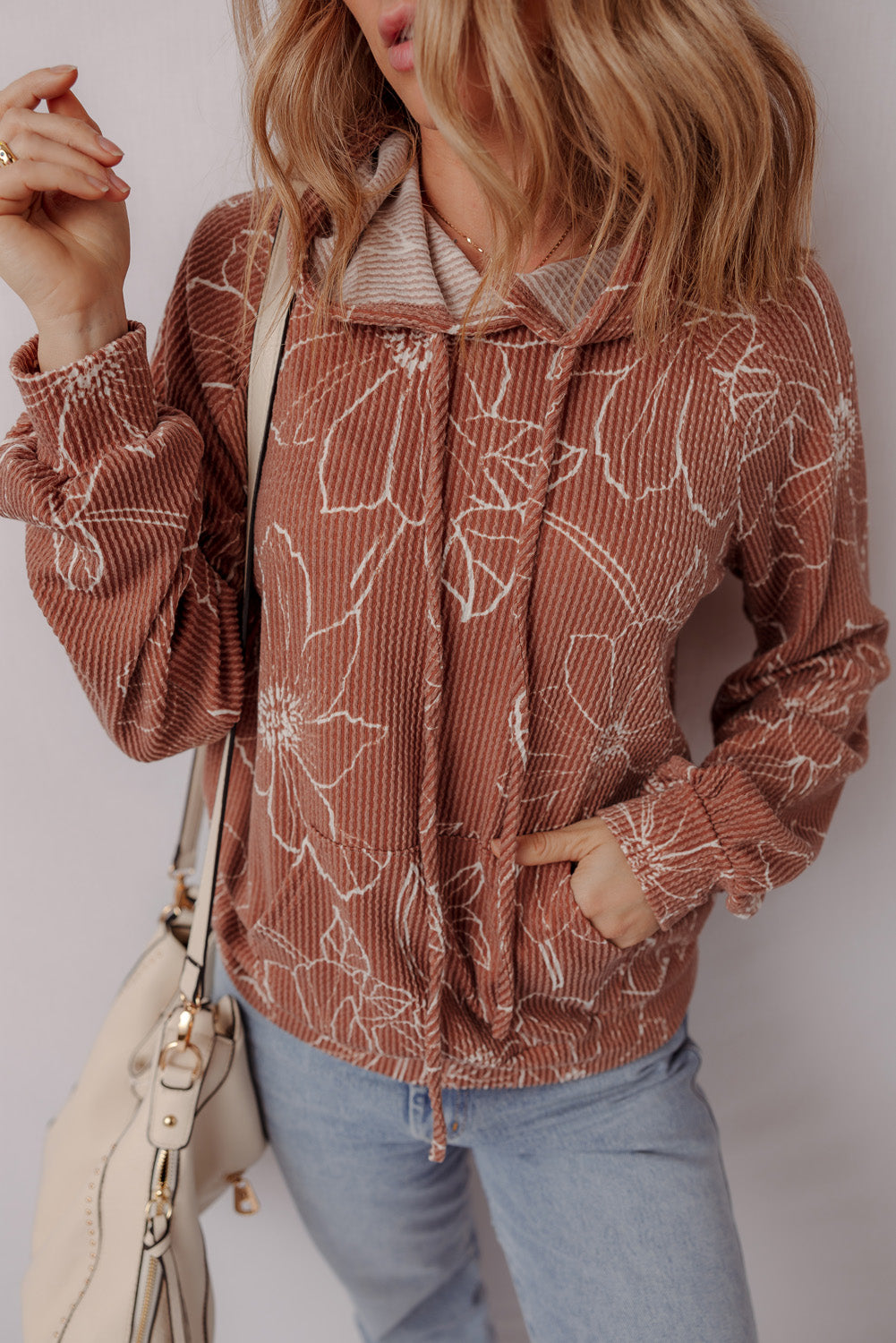 Floral Twisted Rib Drawstring Kangaroo Pocket Hoodie