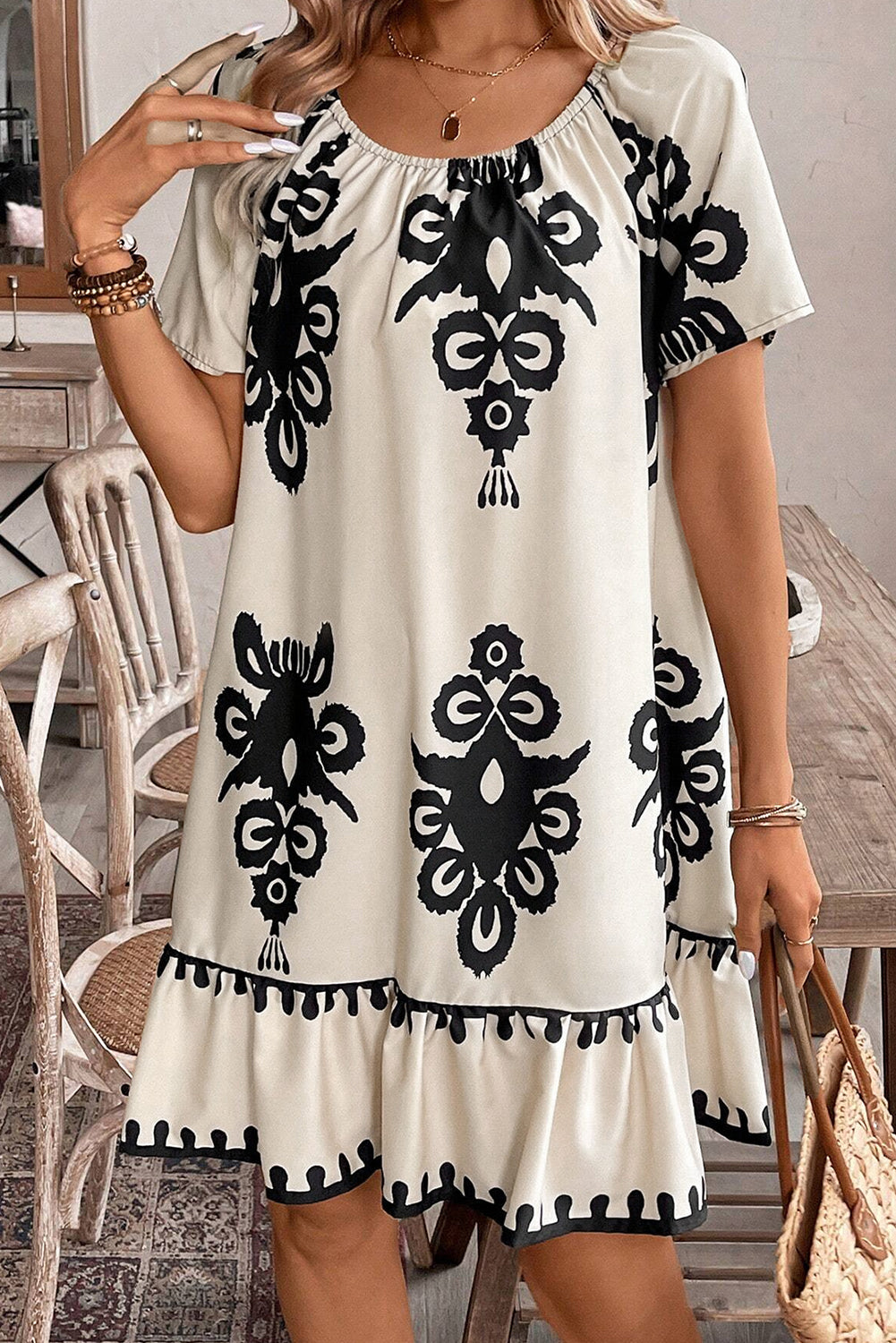 Western Print Ruffled Short Sleeve Loose Dress