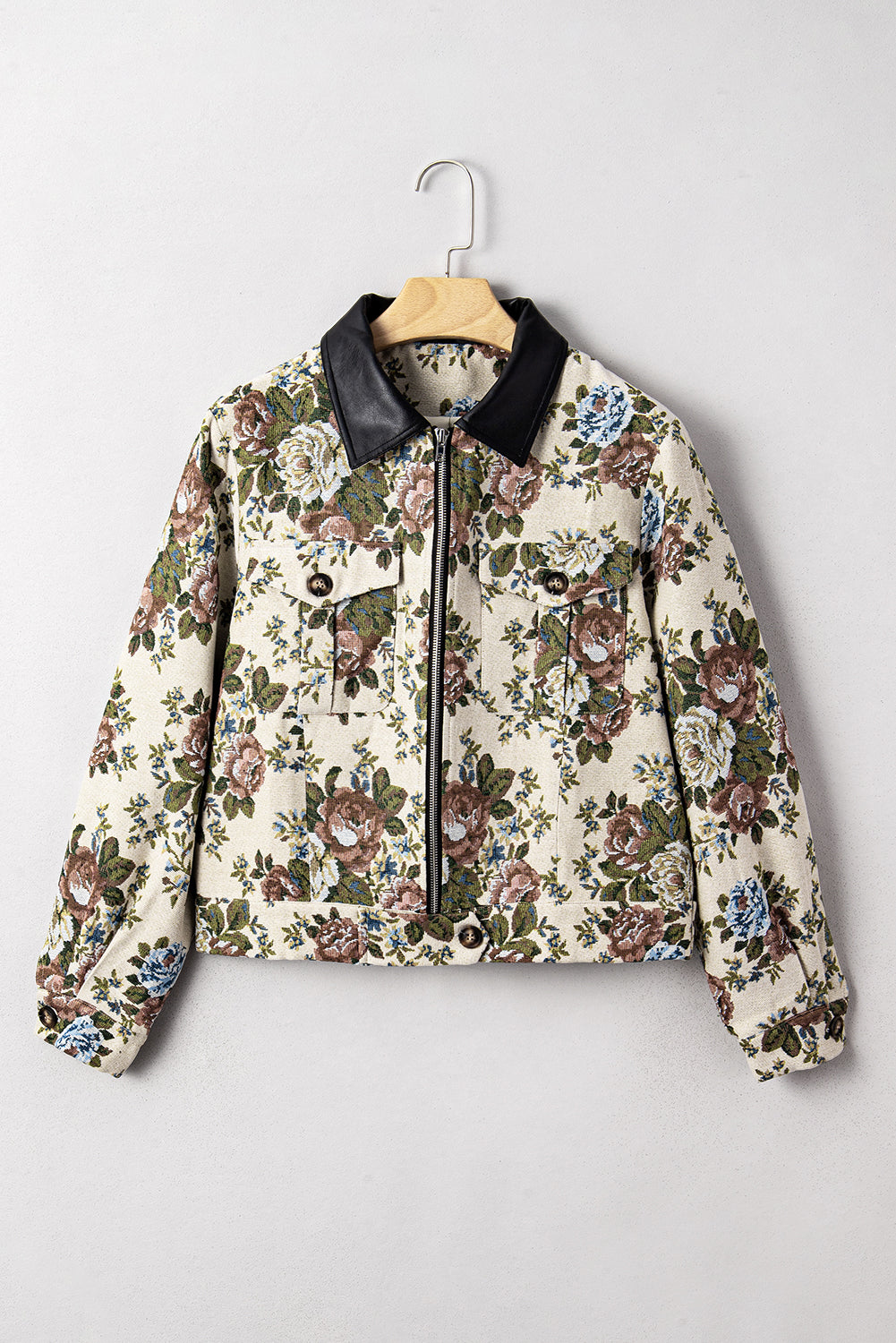 Floral Print Zip Up Contrast Collared Jacket