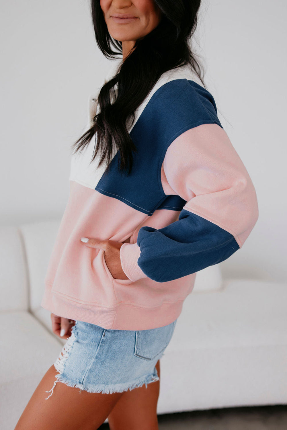 Colorblock Patchwork Half Button Baggy Sweatshirt