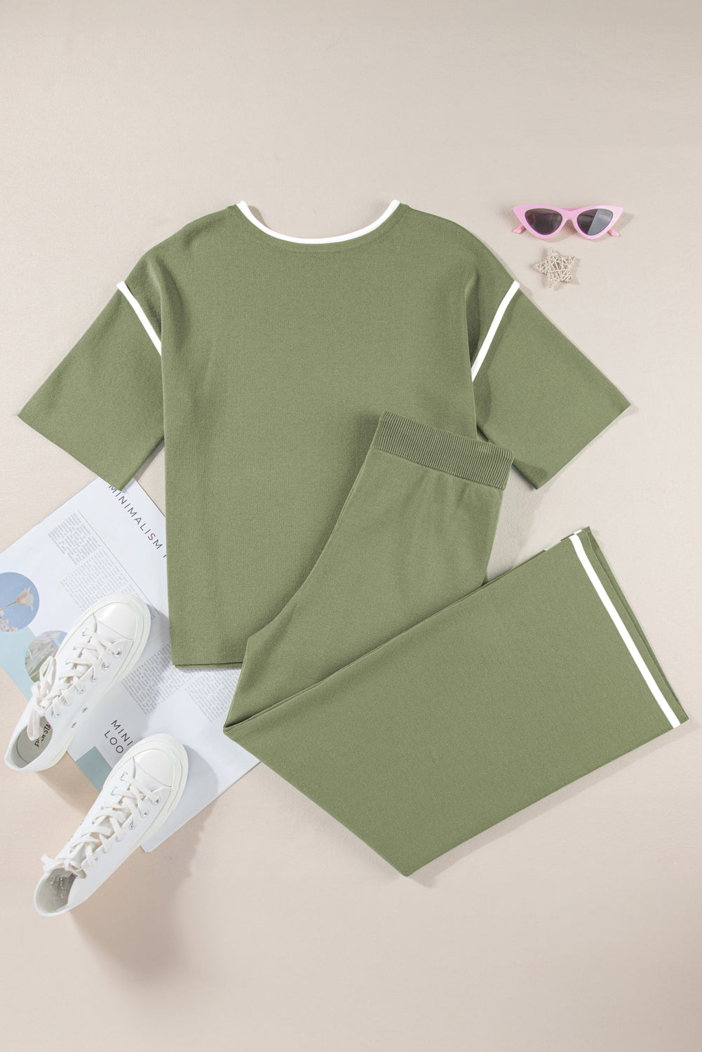 Contrast Trim Half Sleeve Top Drawstring Pants Loose 2pcs Sweater Suit