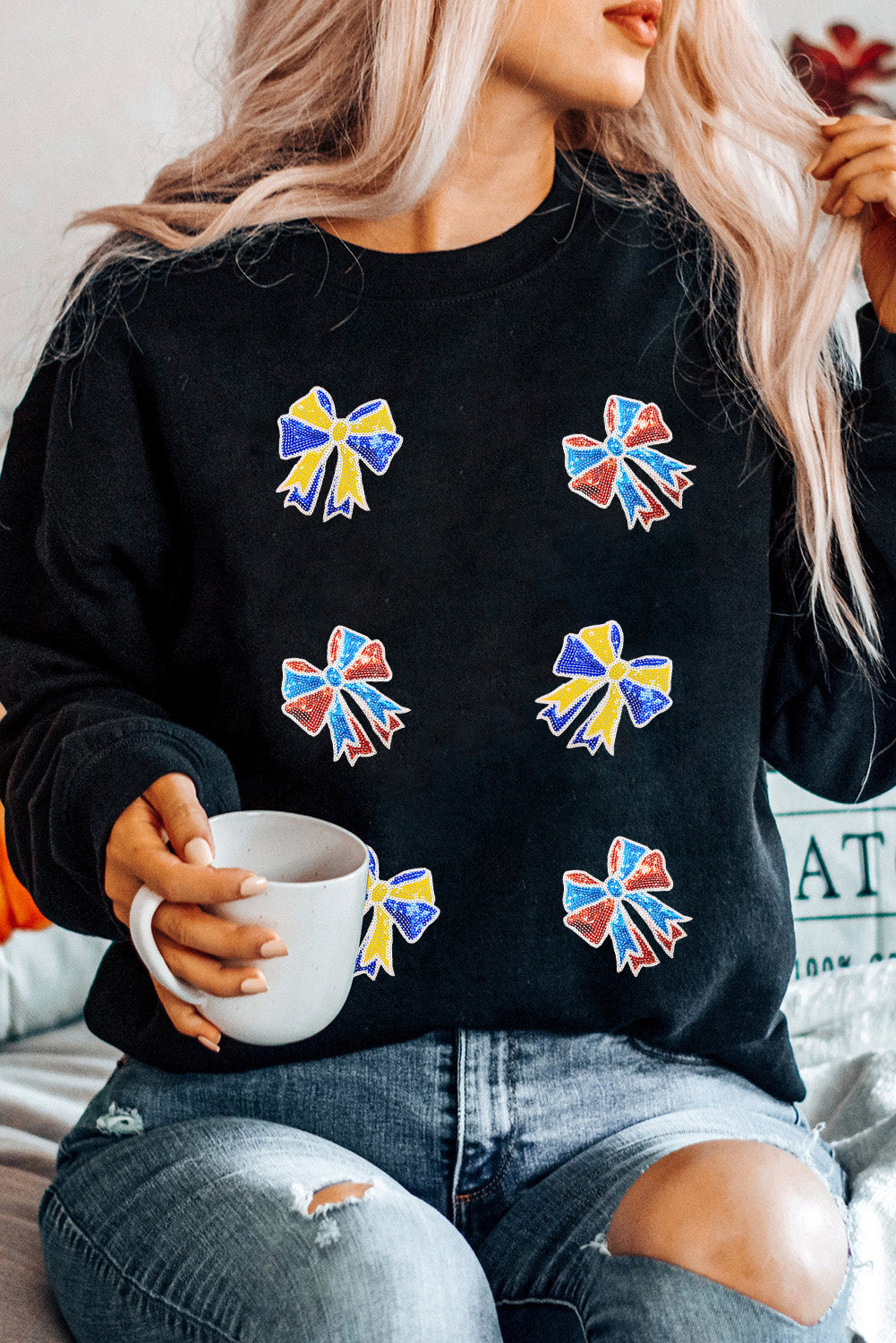 Shimmering Bow Patched Pattern Game Day Sweatshirt