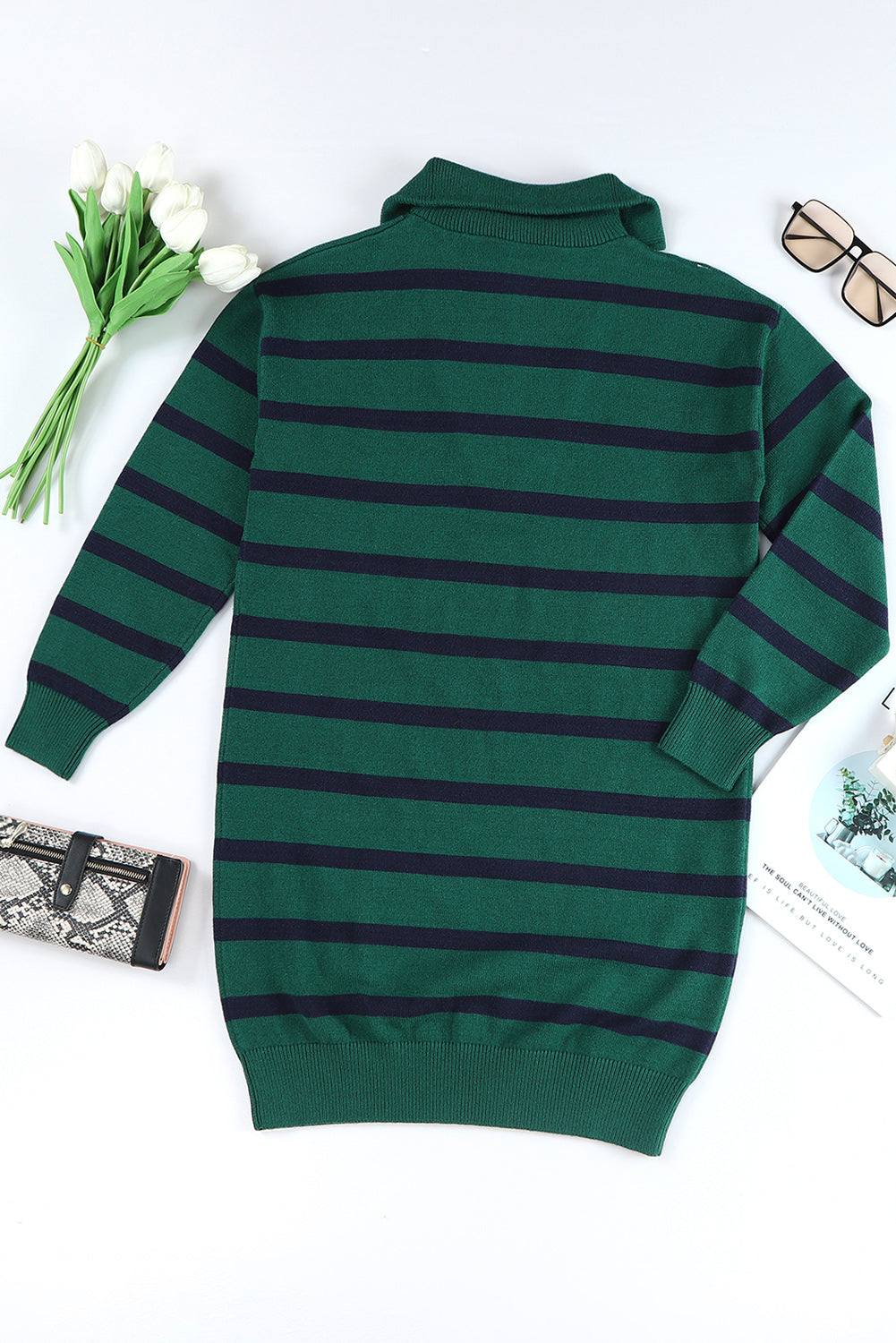 Striped O-ring Zip Collared Loose Sweater Mini Dress