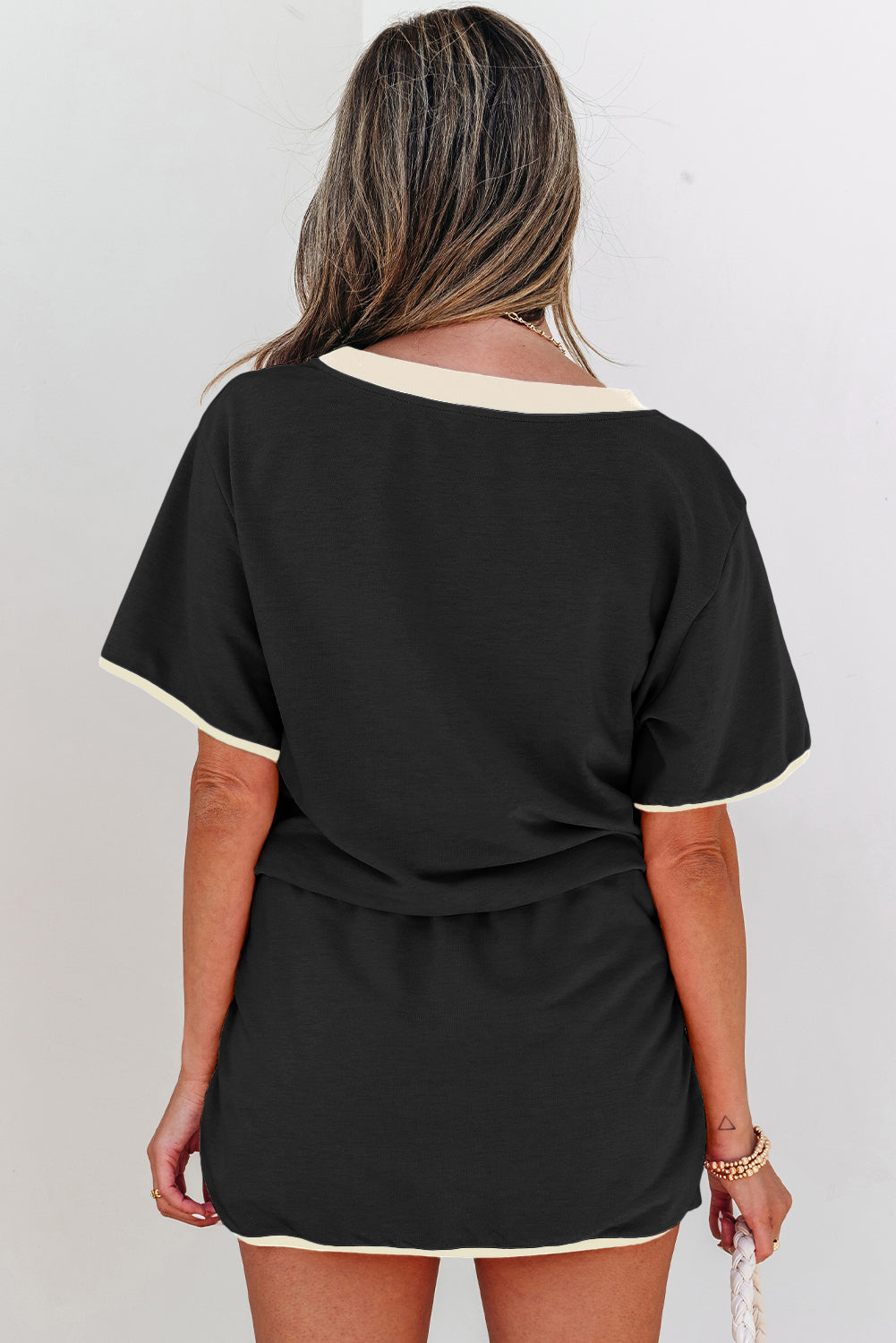 Sequin Rugby Football Bow Patched Colorblock Edge Tee and Skort Set