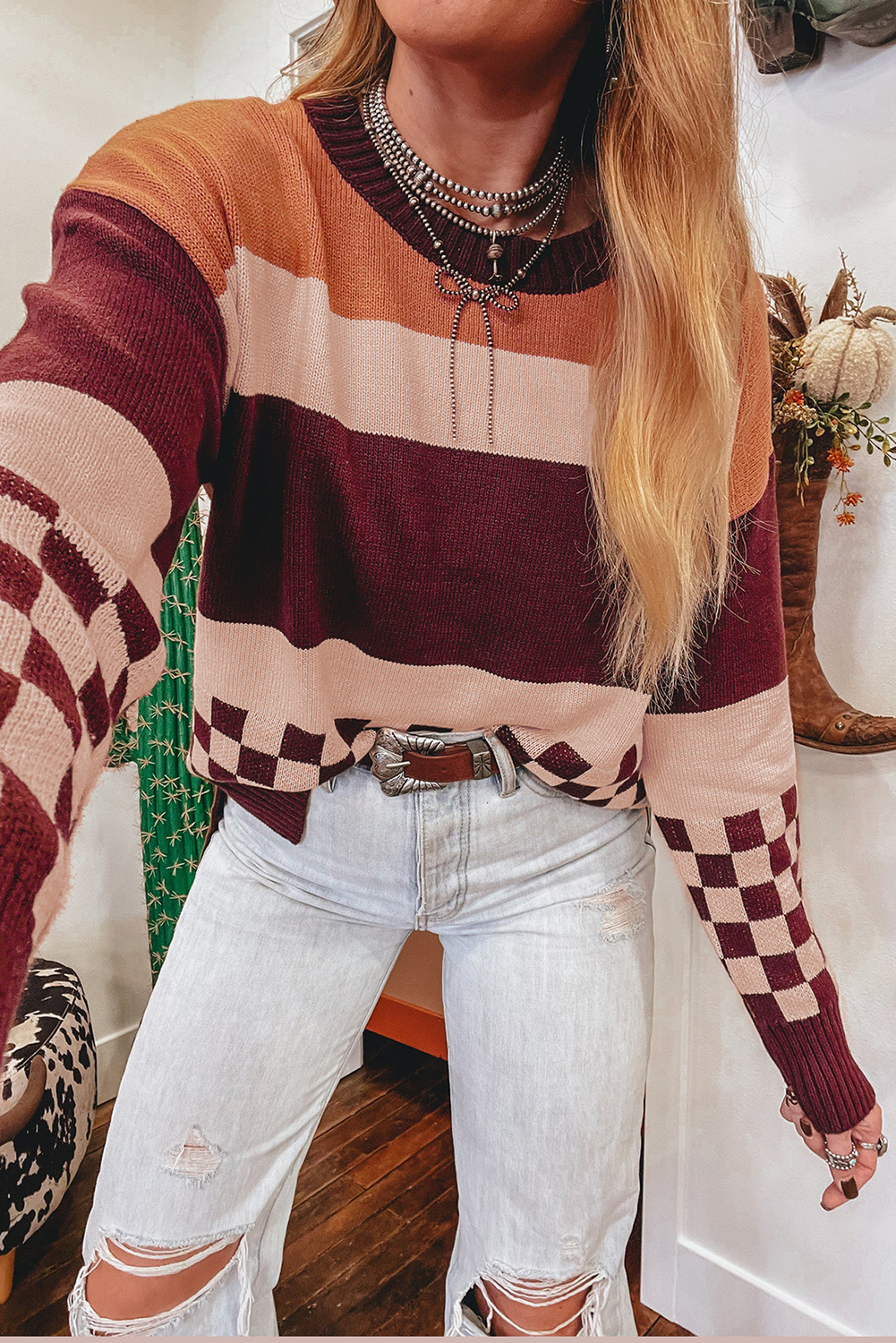 Block Knitted Drop Shoulder Sweater