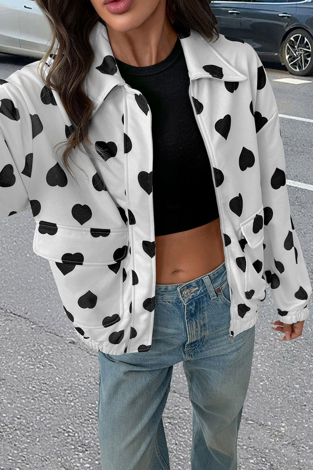 Double Flap Pocket Heart Print Collar Zip Jacket