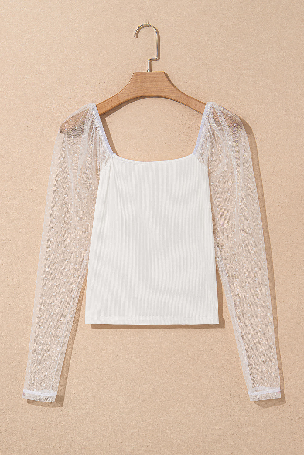 Swiss Dot Mesh Long Sleeve Square Neck Slim Top