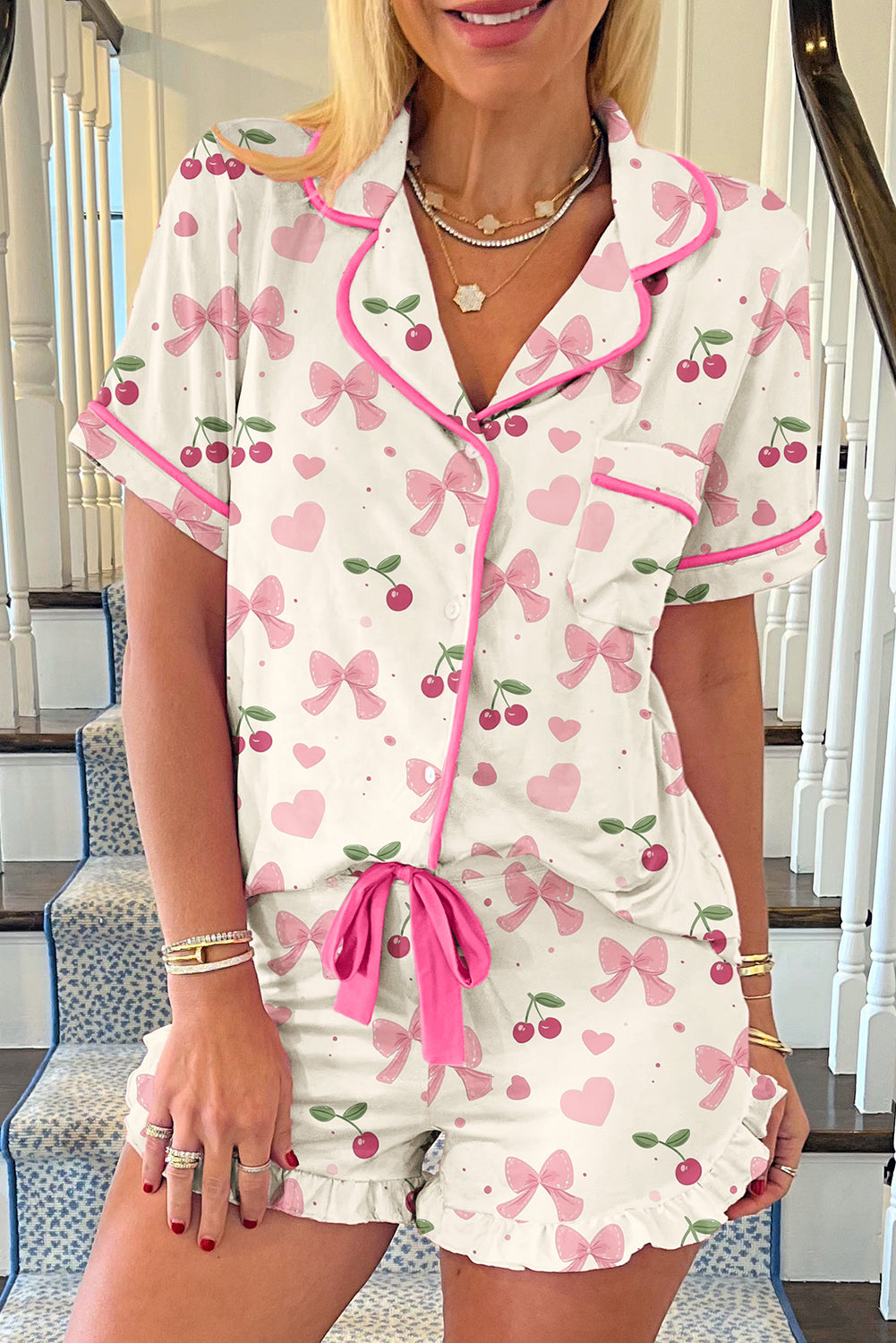 Floral Print Contrast Pipping Short Pajamas Set