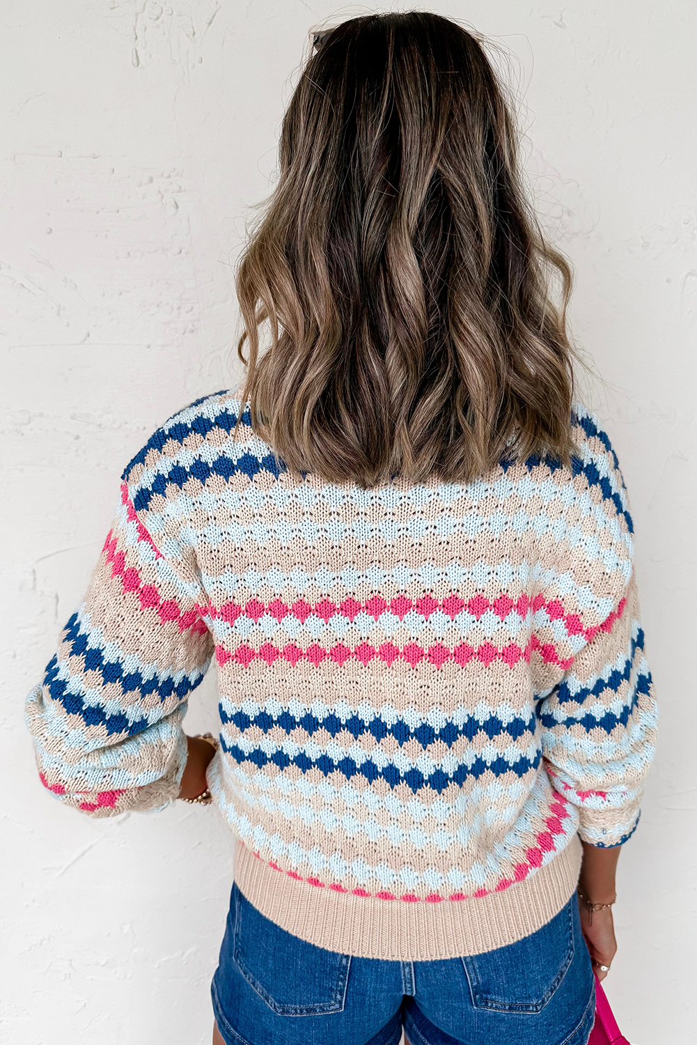 Eyelet Patterned Drop Shoulder Sweater