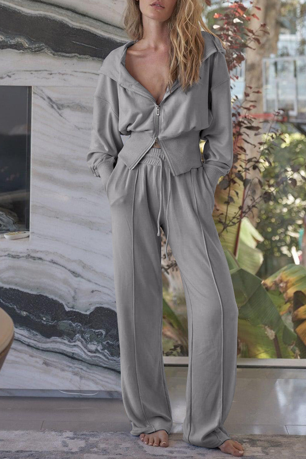 Double Zipper Hooded Jacket and Sweatpants Active Set