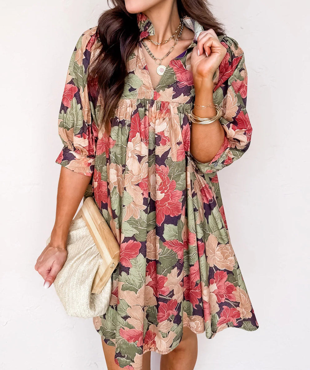Floral Print Frilled Collar V Neck Half Sleeve Mini Dress