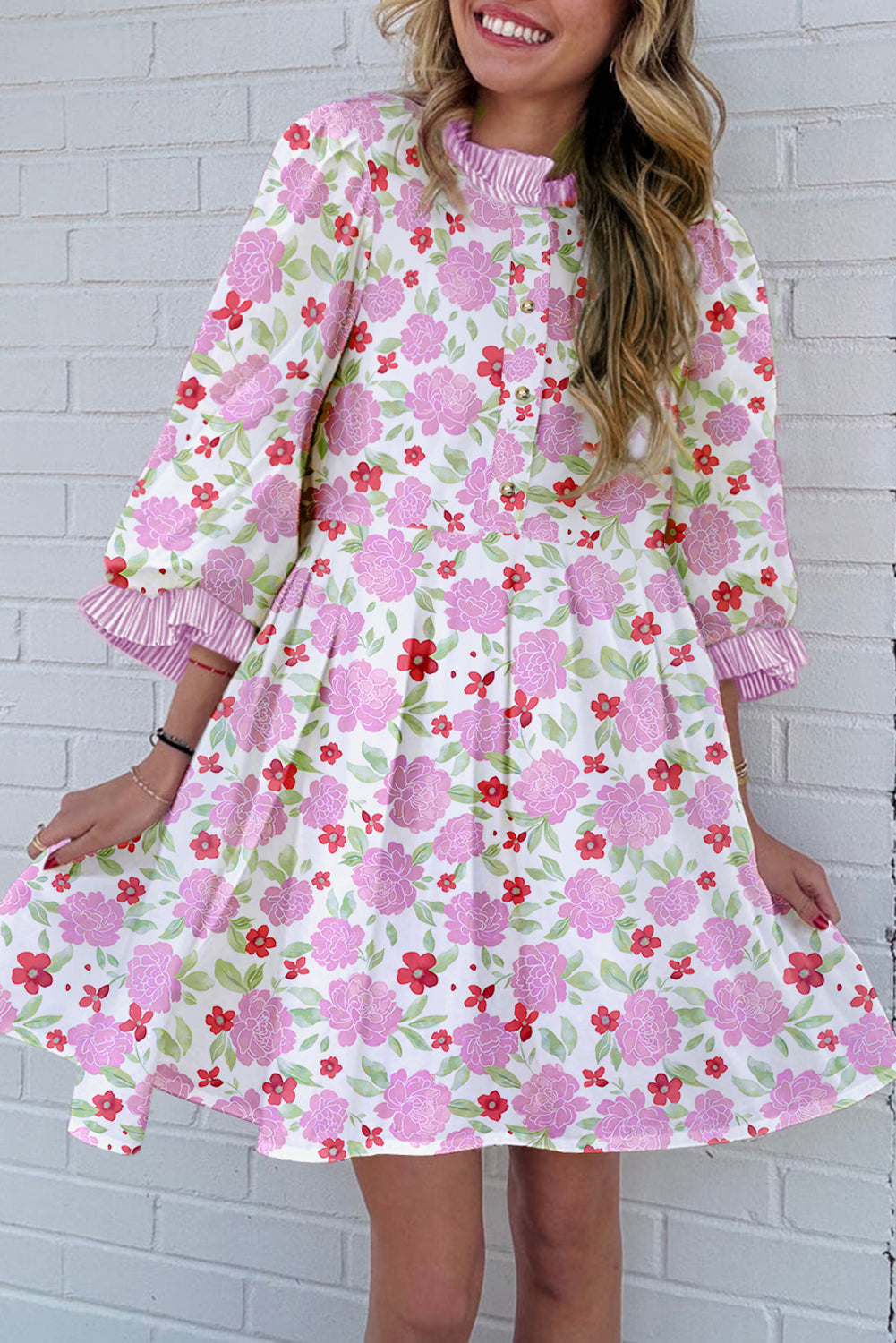 Floral Print Striped Trim Frilled Neck 3/4 Sleeve Flared Mini Dress