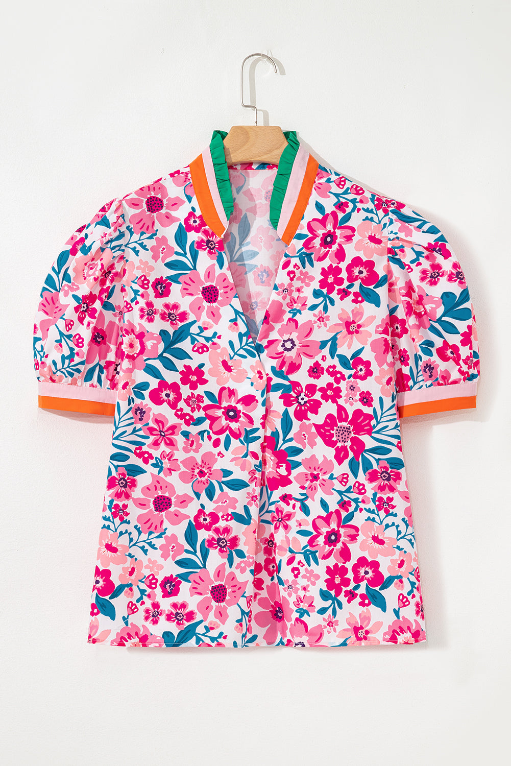 Floral Print Contrast Striped Detail Short Sleeve Blouse