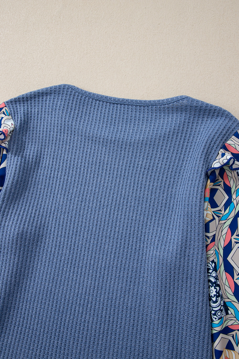 Ruffled Floral Patchwork Sleeve Waffle Knit Blouse