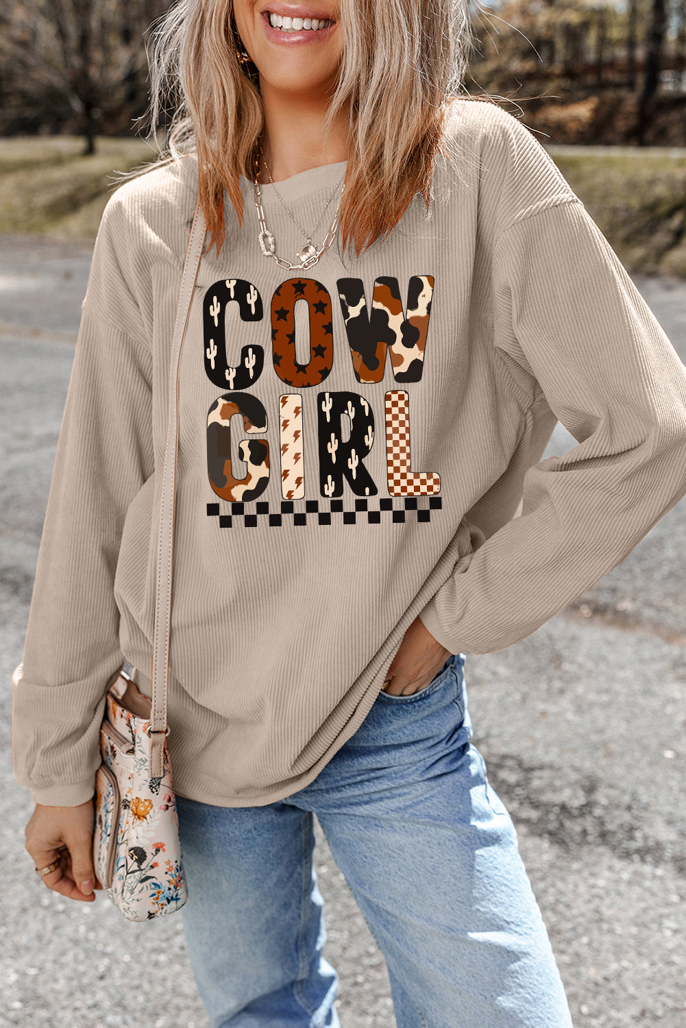 Western Cowgirl Graphic Corduroy Baggy Sweatshirt