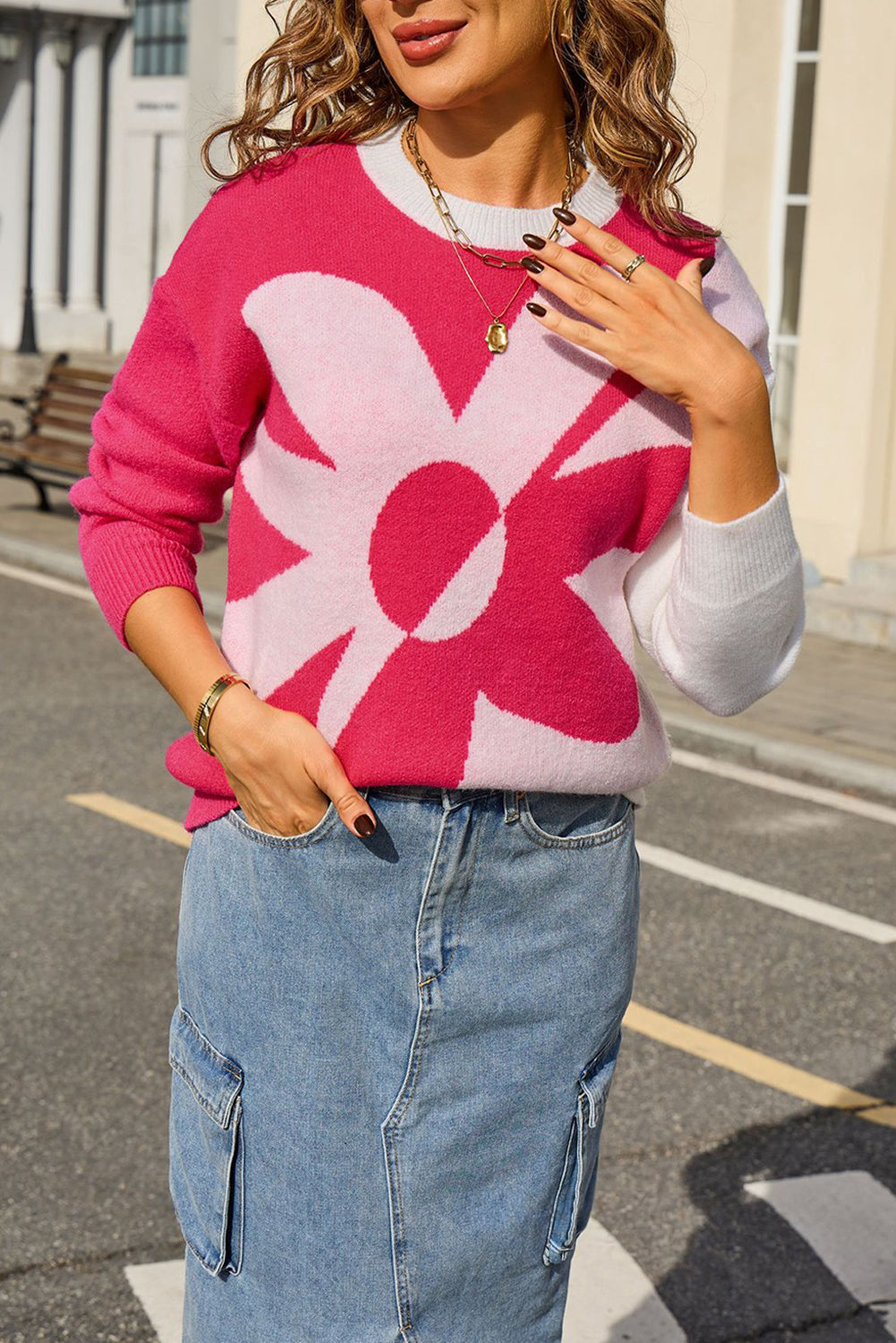 2-tone Contrast Flower Pattern Drop Shoulder Bulk Sweater