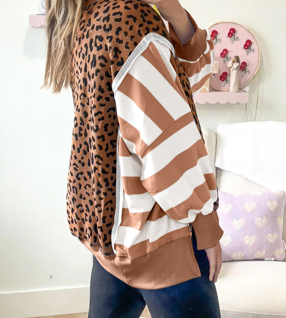 Block Patchwork Leopard Casual Sweatshirt with Slits
