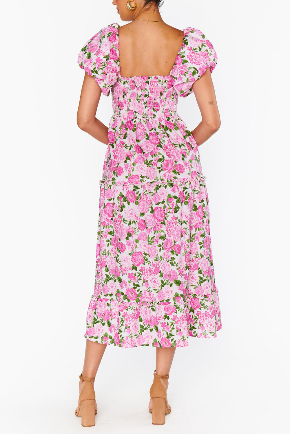 Dainty Floral Smocked Puff Sleeve Flowy Long Dress