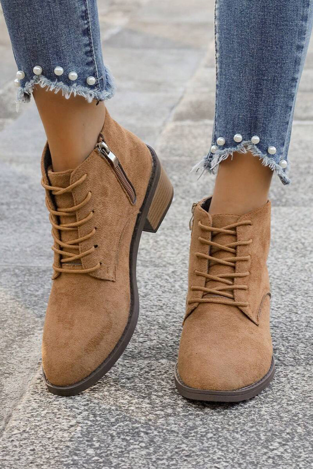 Faux Suede Zip Side Lacing Detail Ankle Boots