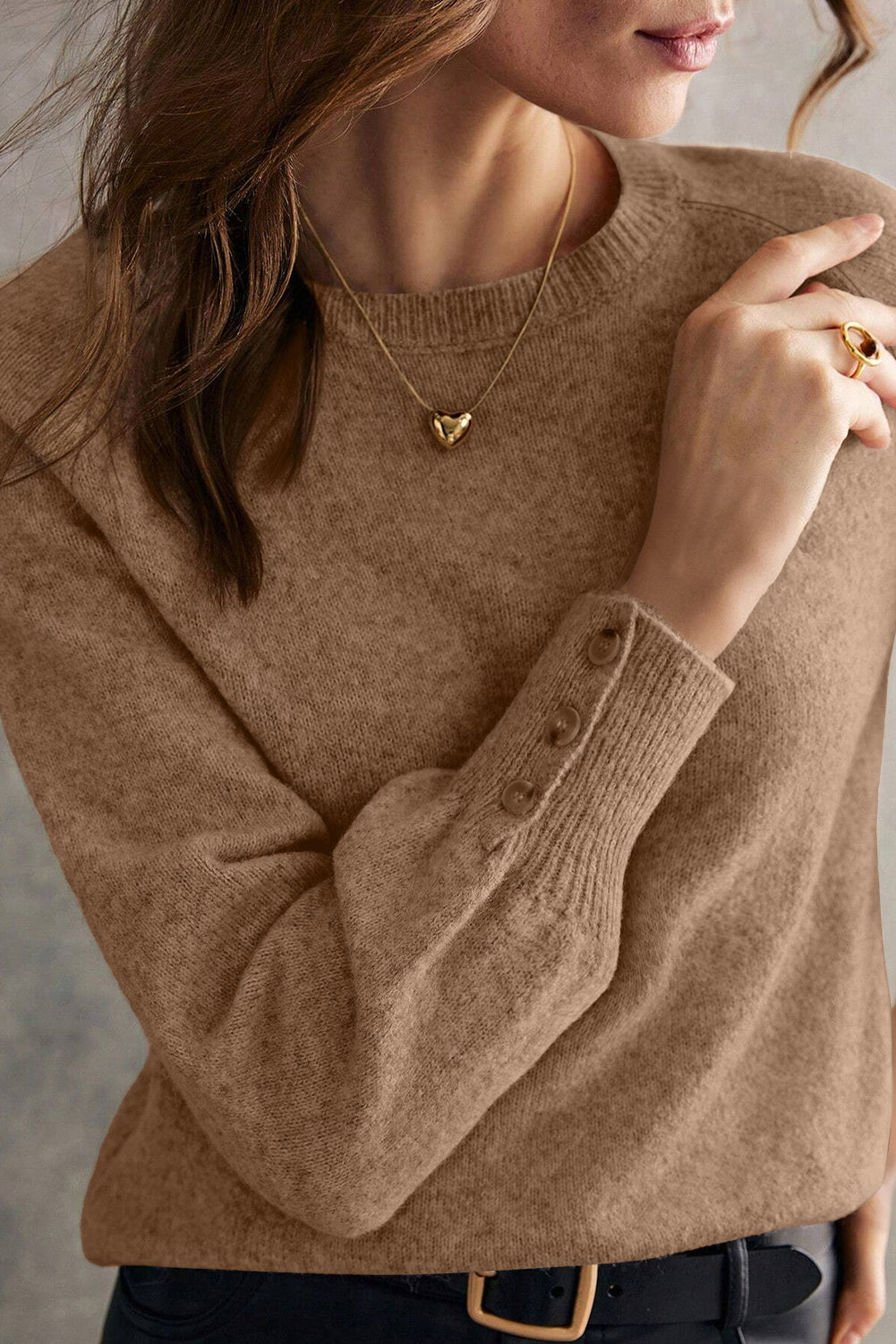 Buttoned Bishop Sleeve Crew Neck Sweater