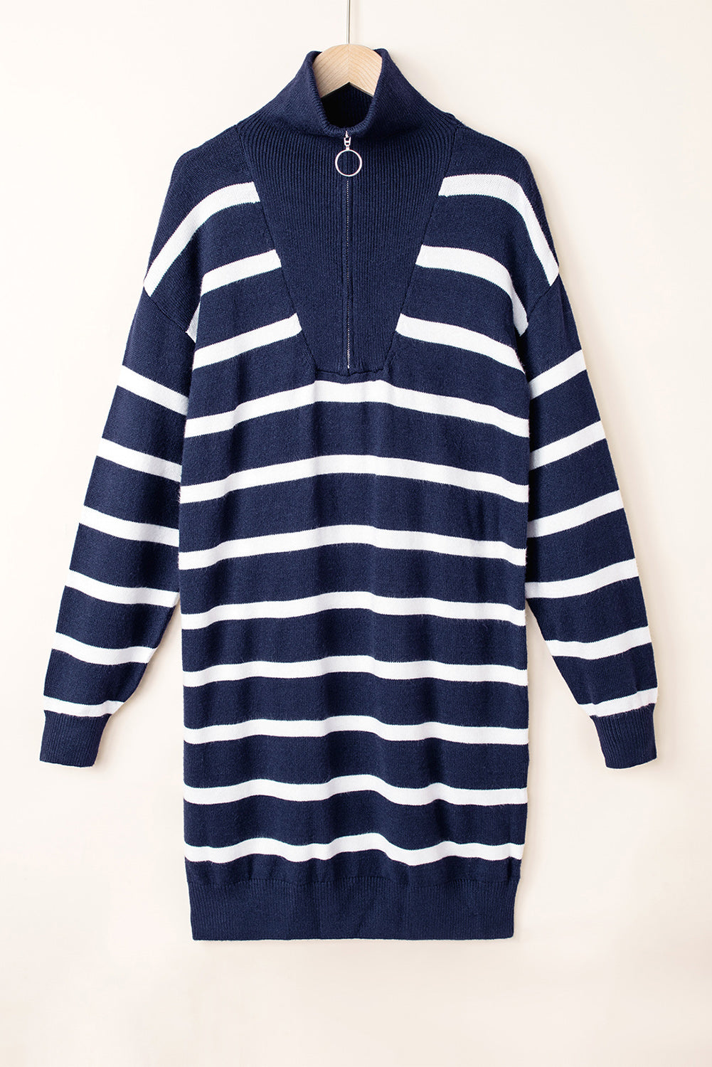 Striped O-ring Zip Collared Loose Sweater Mini Dress