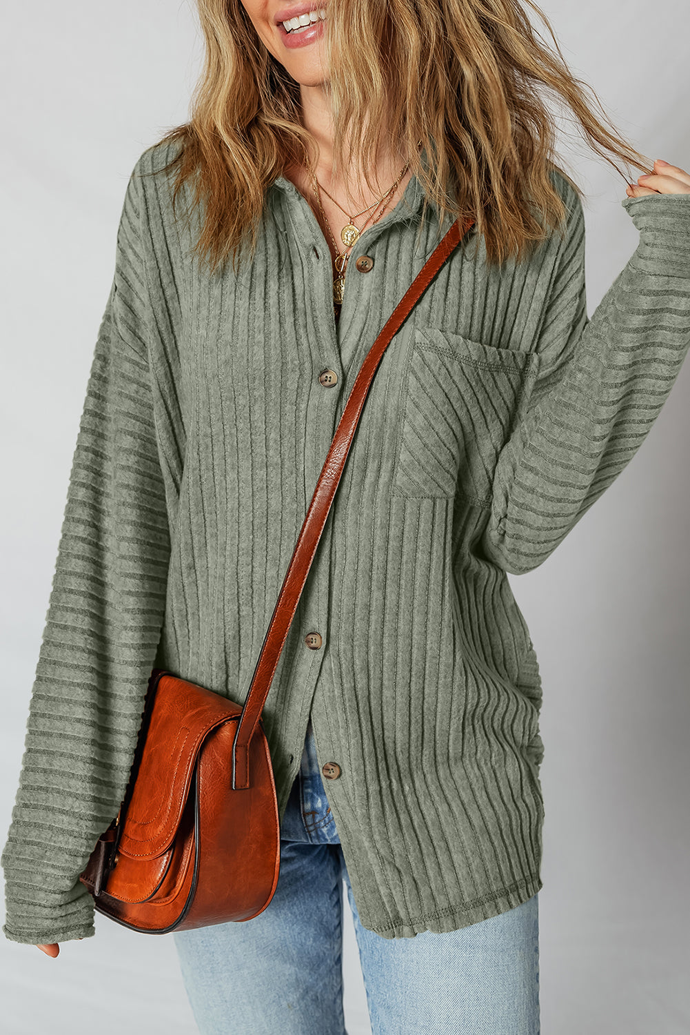 Thermal Ribbed Texture Drop Shoulder Button Up Shacket