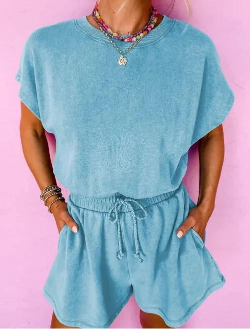 Mist Blue Mineral Wash Drawstring Waist Hollow Out Back Short Sleeve Romper
