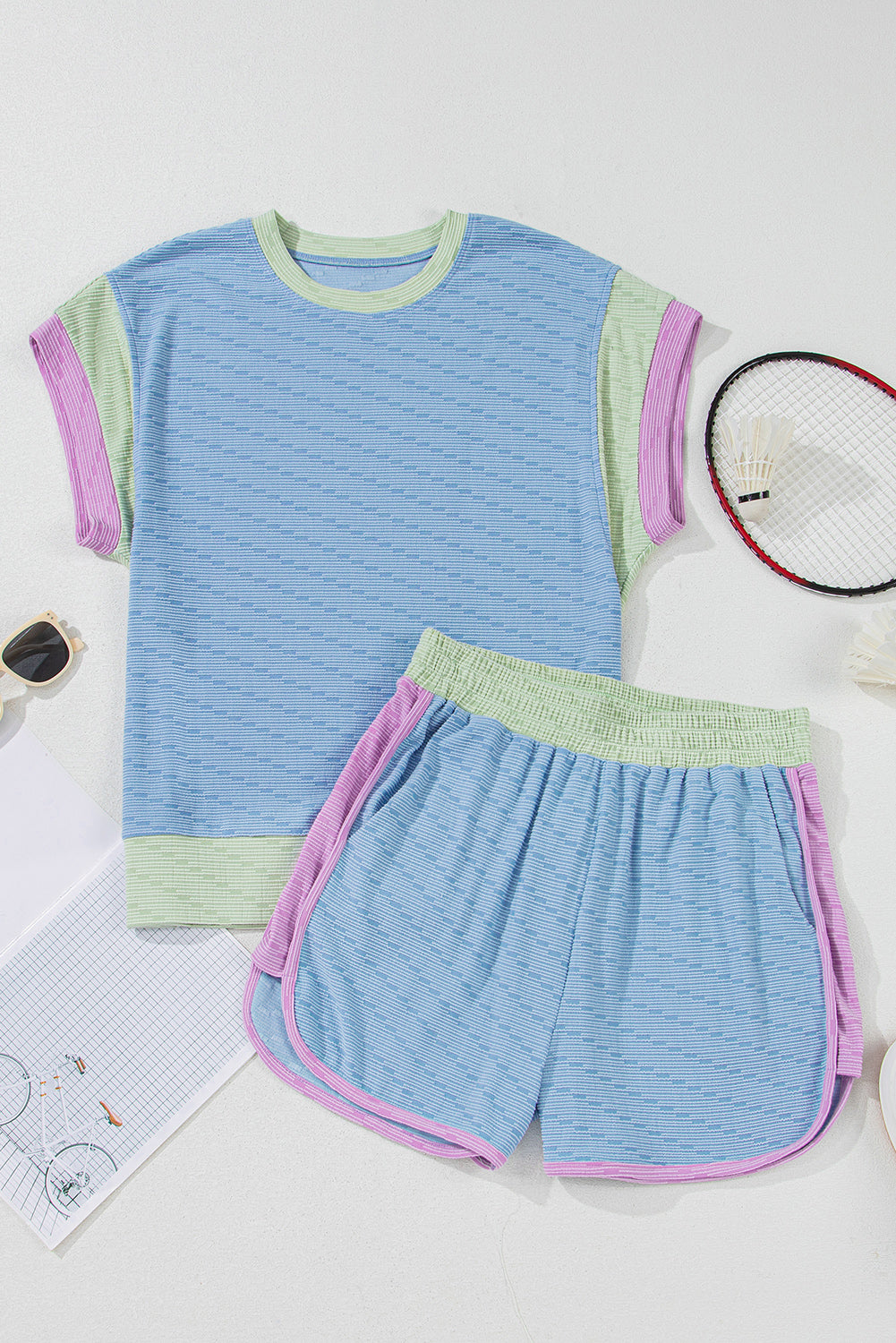Corded Knit Contrast Trim Round Neck Cap Sleeve 2pcs Short Set