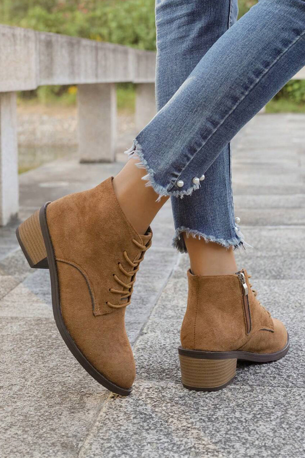Faux Suede Zip Side Lacing Detail Ankle Boots
