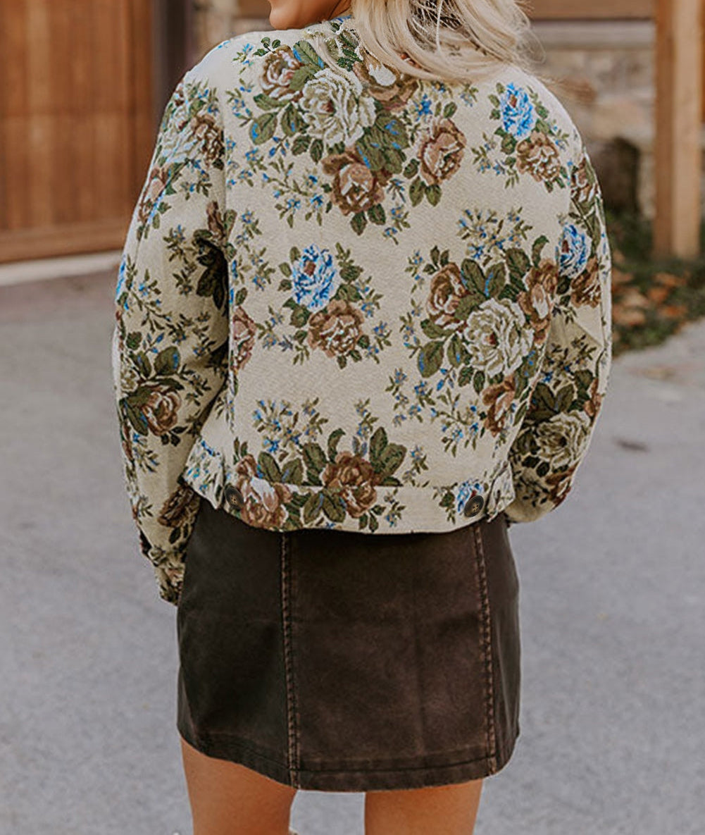 Floral Print Zip Up Contrast Collared Jacket