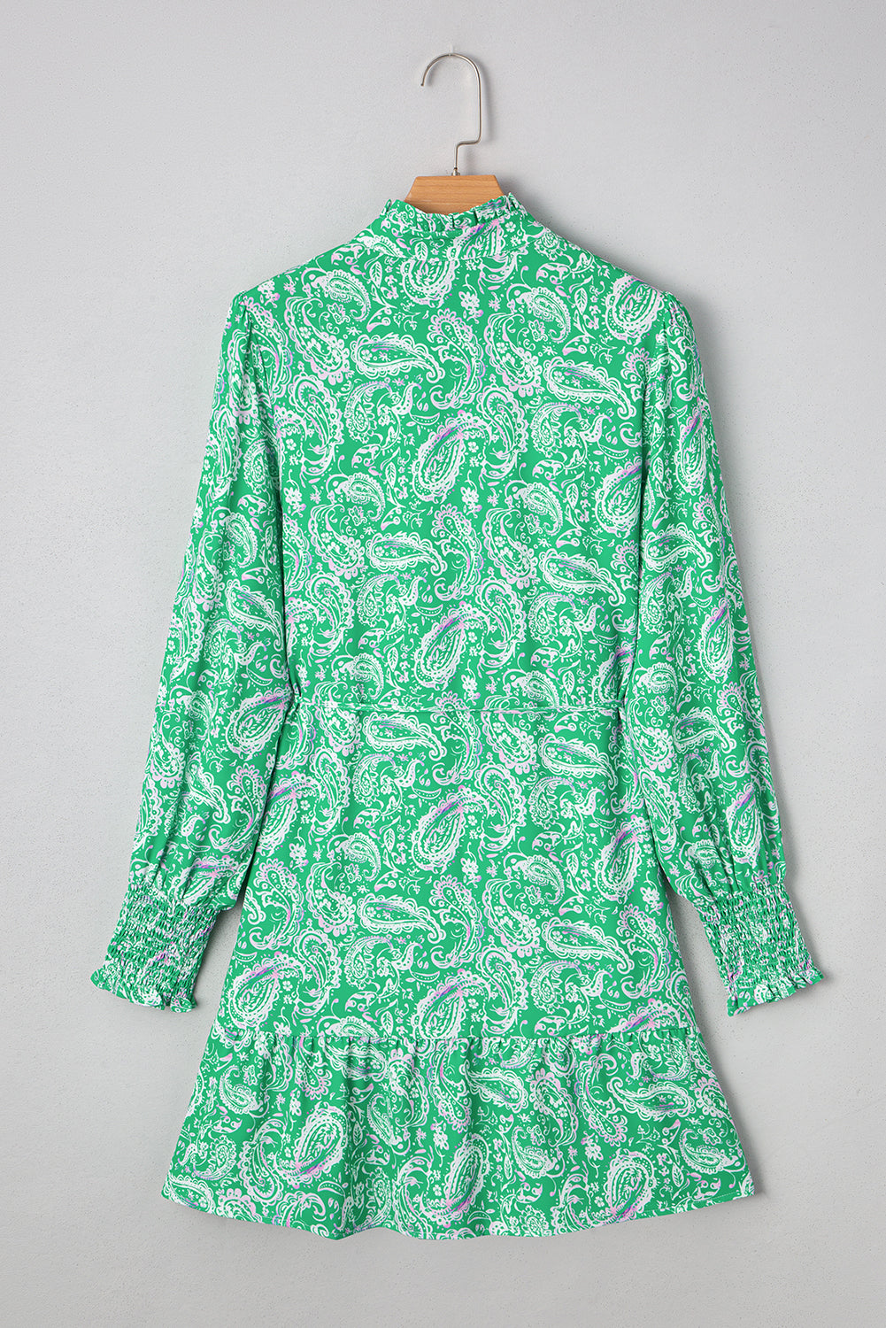 Paisley Print Long Sleeve Button Front Tied Waist Mini Dress