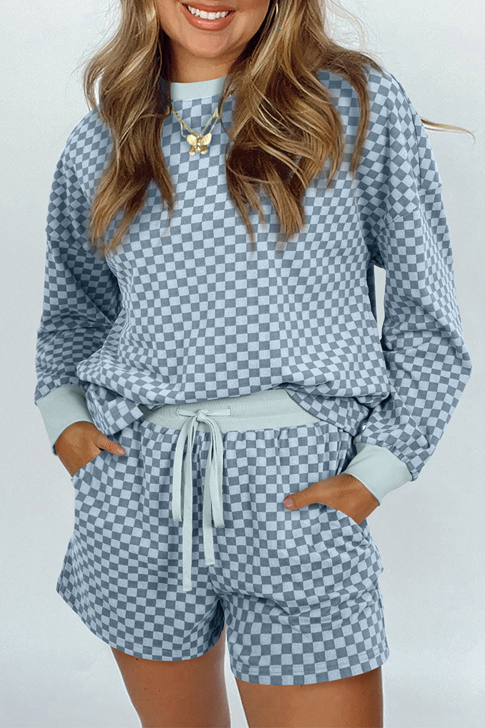 Checkerboard Long Sleeve Pullover and Shorts Set