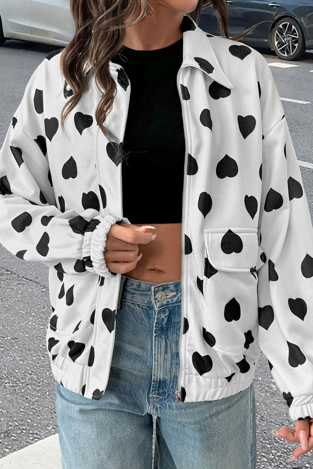 Double Flap Pocket Heart Print Collar Zip Jacket