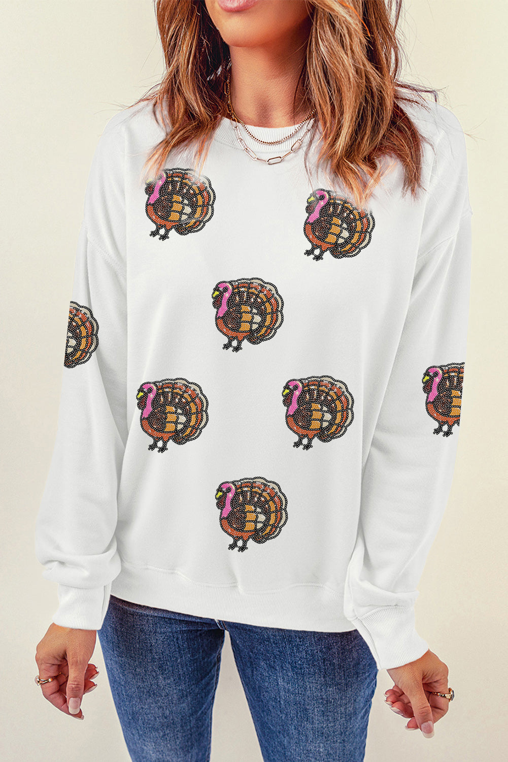 Thanksgiving Turkey Sequin Patched Pullover Sweatshirt