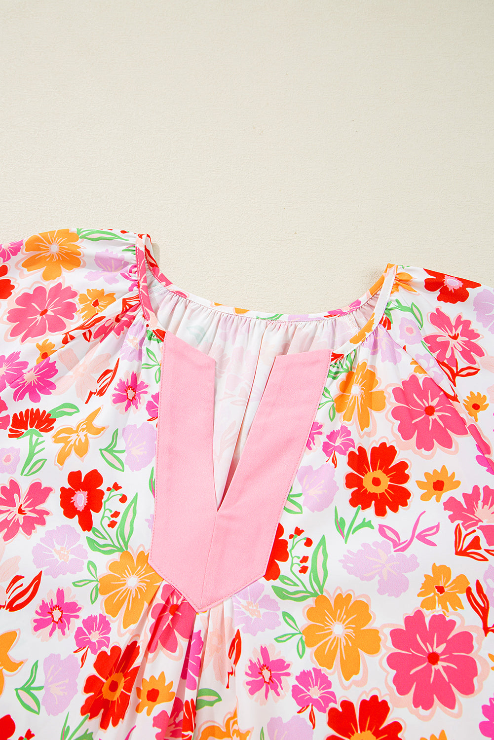 Floral Split V Neck Wide Short Sleeve Plus Size Blouse Top