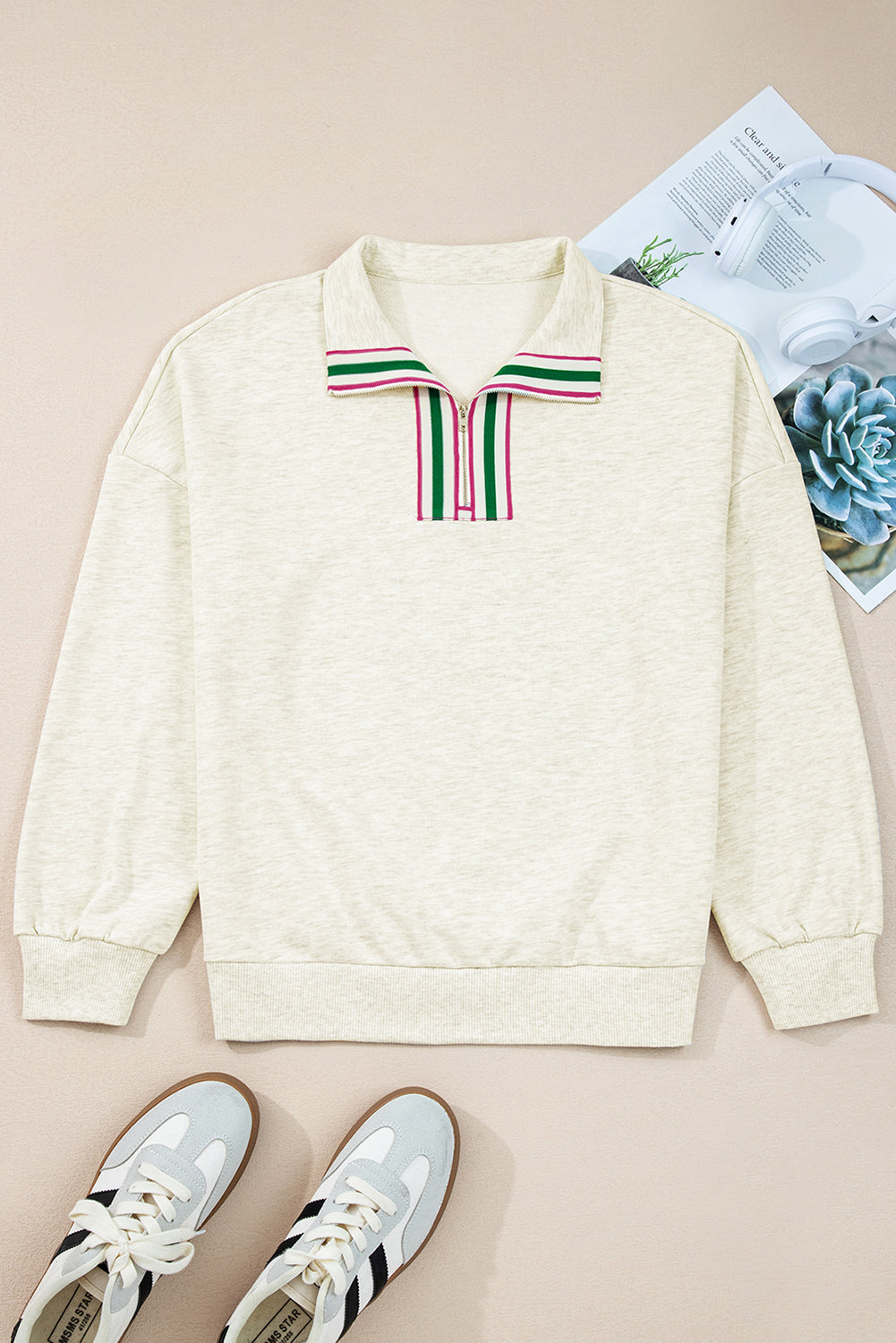 Striped Patchwork Zip Collar Pullover Sweatshirt