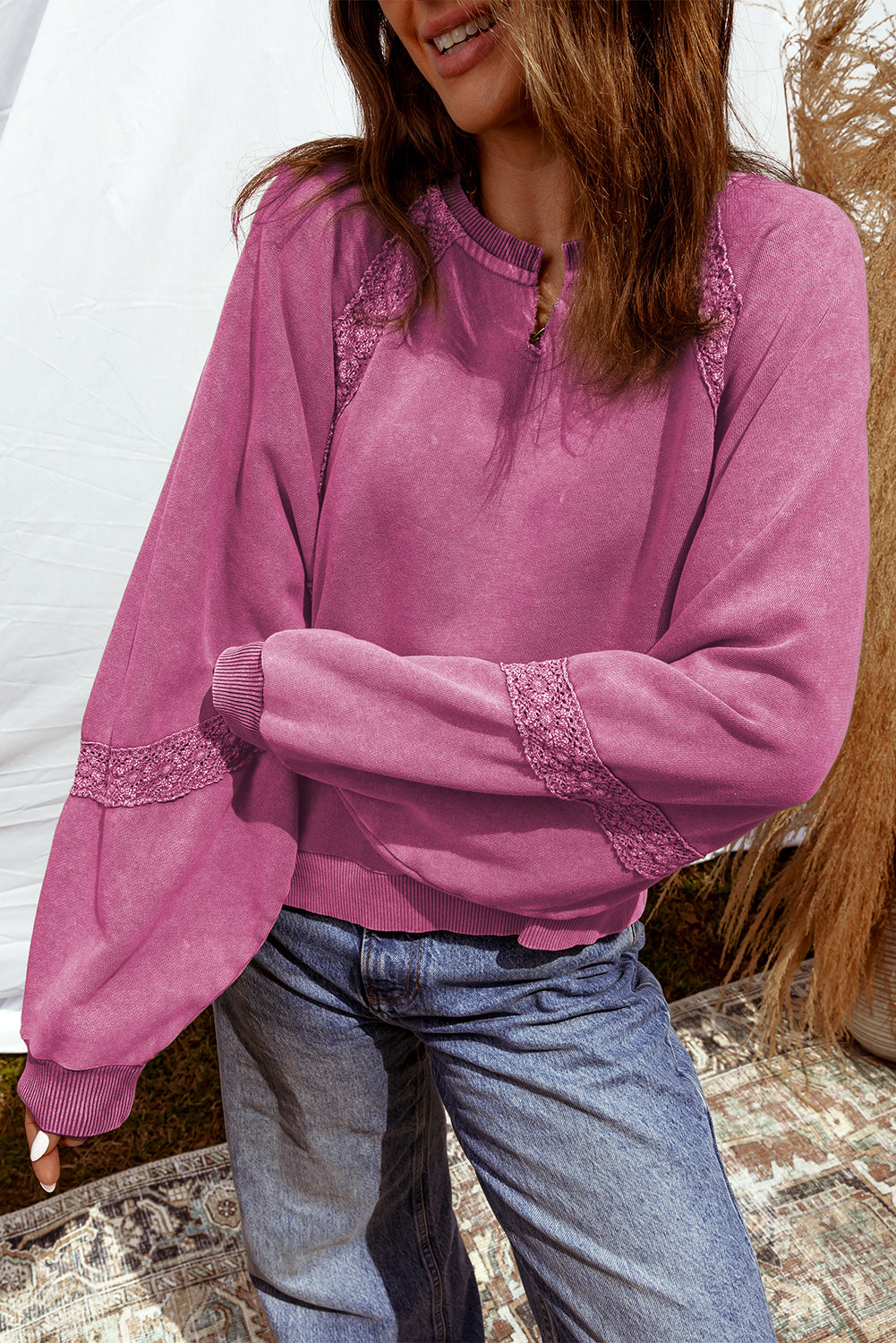 Notched Neck Mineral Wash Baggy Sweatshirt
