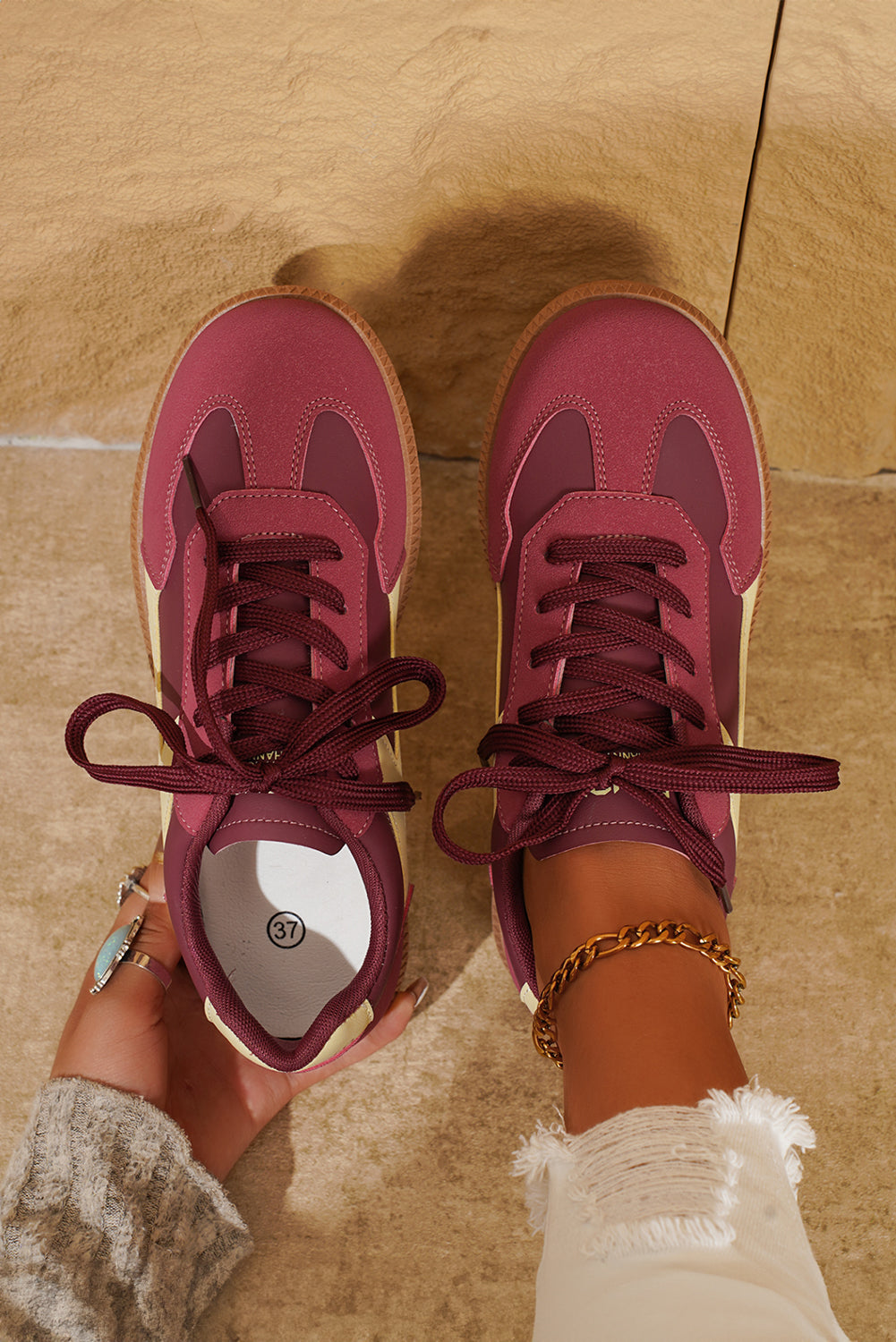 PU Leather Stitched Color Block Casual Lace-Up Sneakers